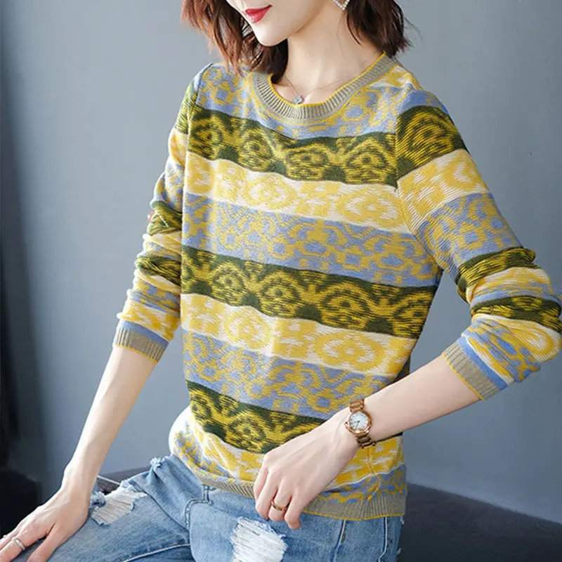 Stylish Vintage Striped Knitted Jumpers Autumn Winter Contrasting Colors Casual Loose Women\'s Clothing Korean Spliced Sweaters