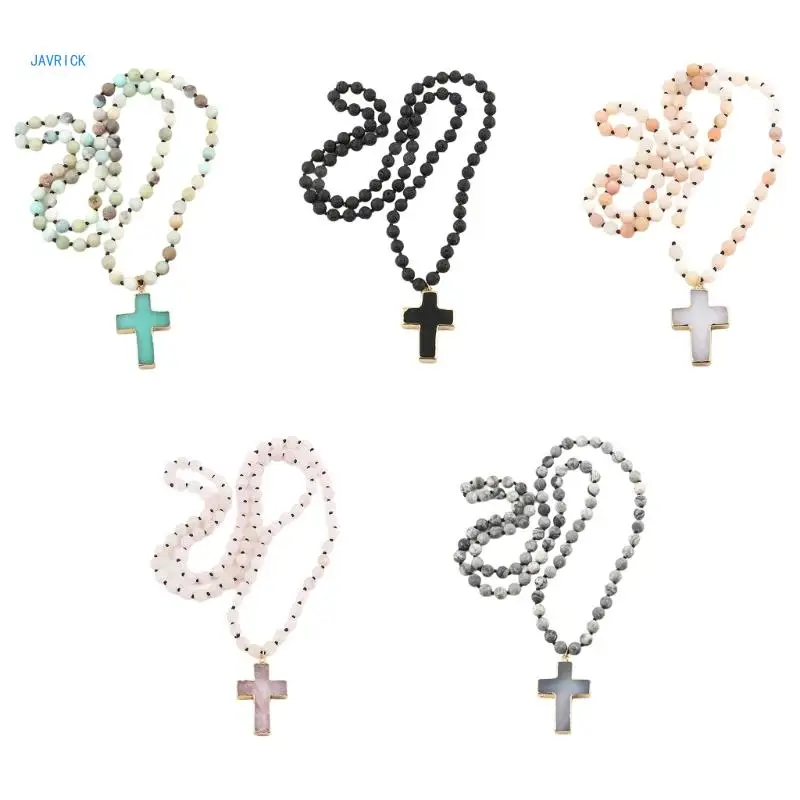 

Elegant Knotted Stone Crucifix Necklace Adjustable Length Neckchain Fashionable Ethnic Clavicle Chain Party Accessory