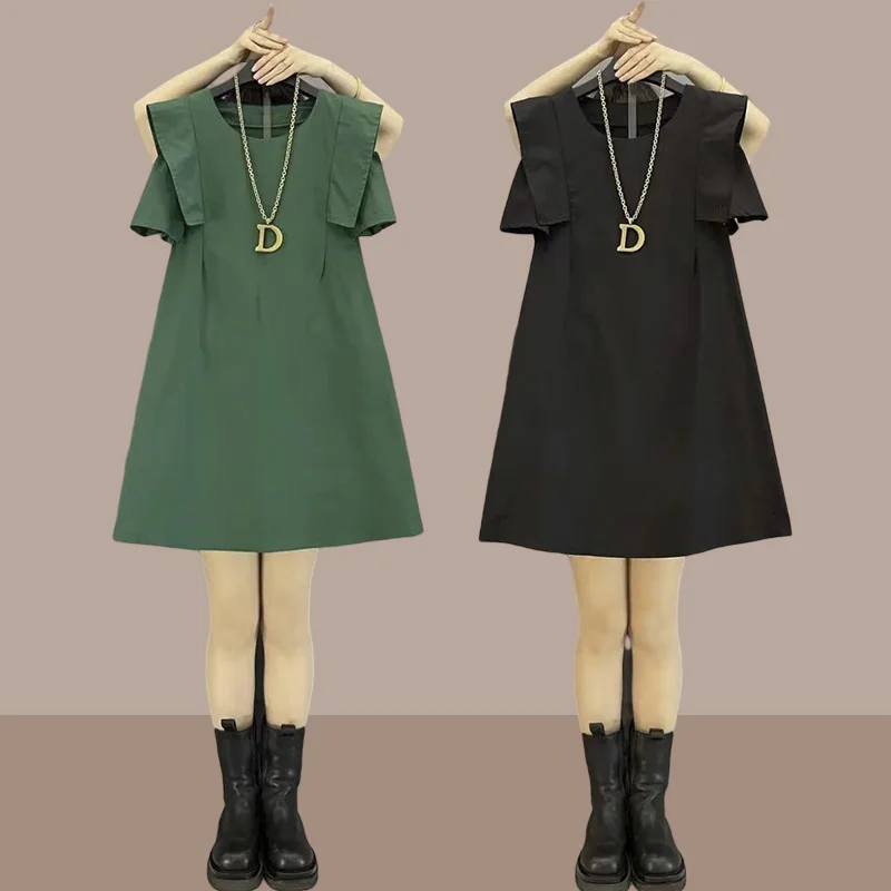 

Slimming Pure Color Design Short Sleeve Women's Dress Fashionable plus Size Korean Style A-Line Midi Dress Summer New Arrival