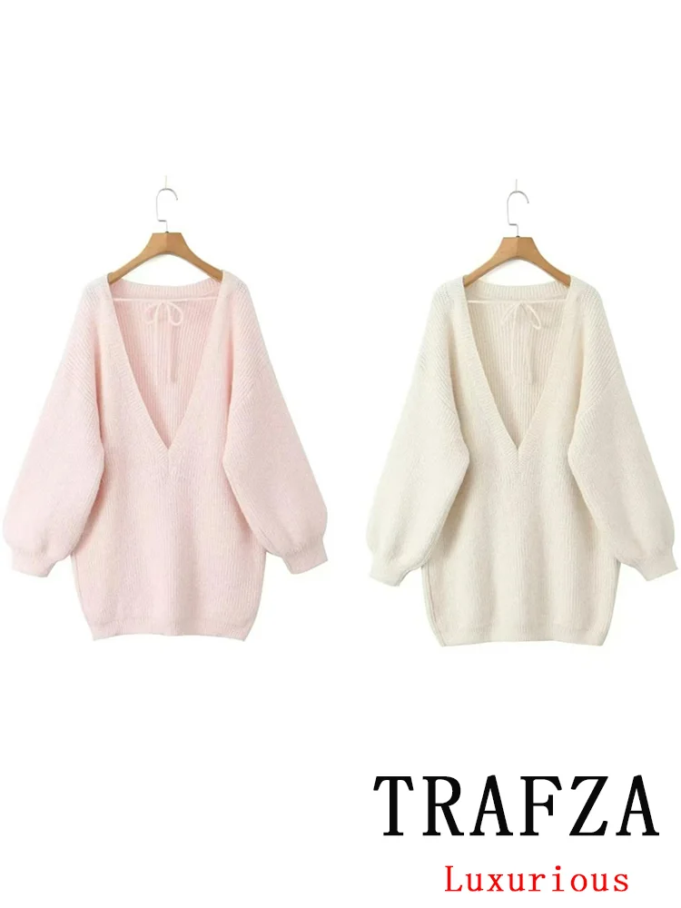 TRAFZA Vintage Casual Chic Sweter damski Solidny długi rękaw V-Neck Sznurowane swetry z dzianiny Nowa moda 2024 Jesienne topy