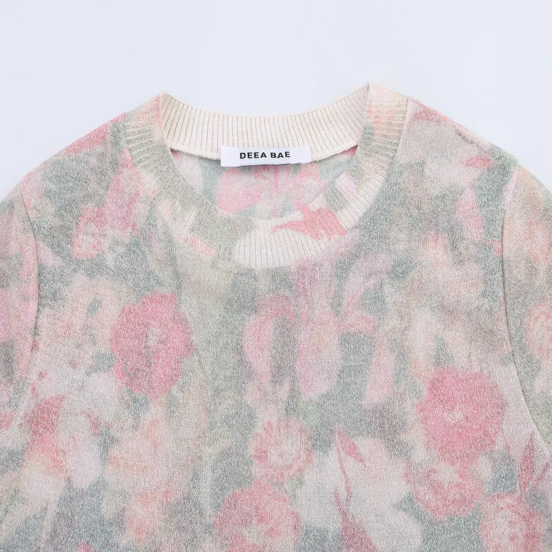 Spring 2025 Women's Faion round Ne ort Sve Knitted Top Floral Print Versatile New Arrival Commute Sle Polyester Blend