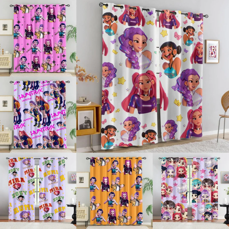 2pcs Kpop Anime Girls Curtains Cute Character Collage Print Blackout Curtains White Background With Star Bow Window Drapes