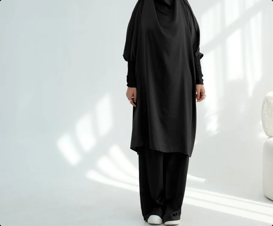 

Muslim Long Khimar top Pant 2 Piece Set Women Abaya Prayer Garment Full Cover Eid Ramadan Kaftan Djellaba Musulman Ensembles