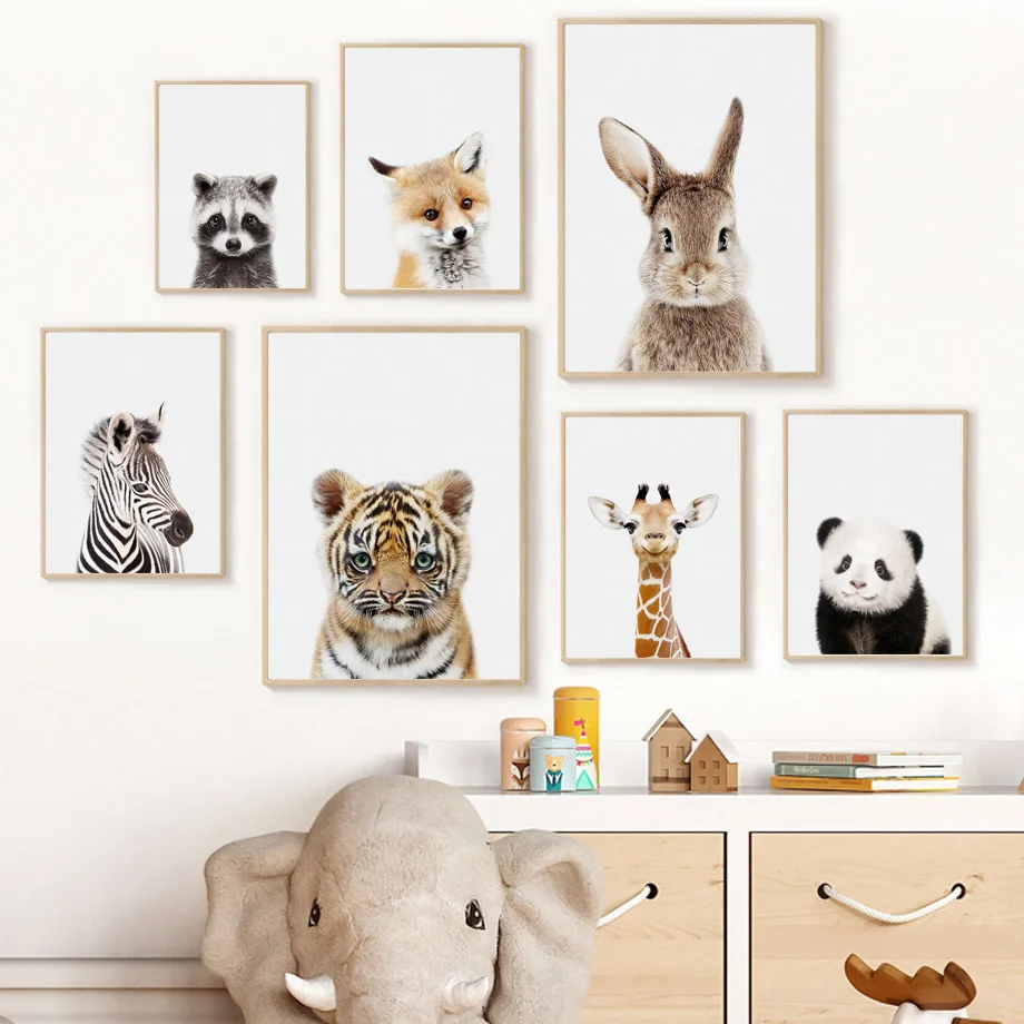 Baby Animals Nursery Posters Lion Tiger Leopard Elephant Fox Rabbit Wall Art Print Canvas Painting Wall Pictures Kids Room Decor