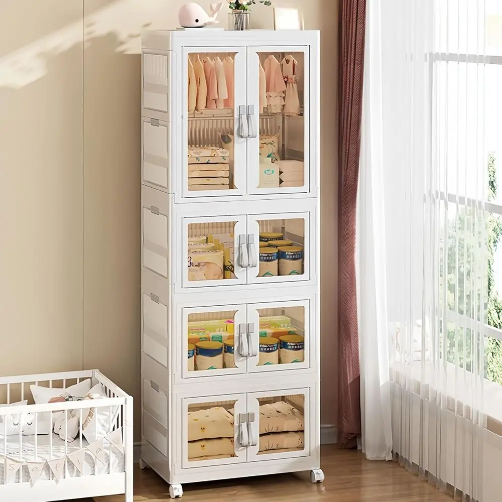 

Portable 4-Tier Kids' Wardrobe with Wheels, Hanging Rod, and 6 Hangers for Toddler Clothing Storage