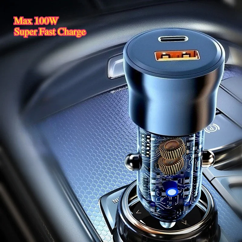 

100W 2 Port Mini Car Charger PD25W QC3.0 Super Fast Charging USB car Cigarette Lighter Adapter Transparent Design for phones