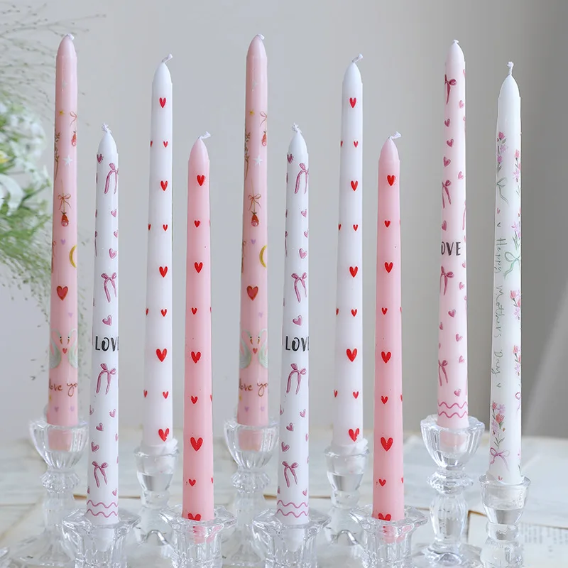 2p 10-inch 25cm Long Stick Printed Candle, Cute Pink Heart-shaped Long Stick Smokeless Wax, Restaurant Table Decoration
