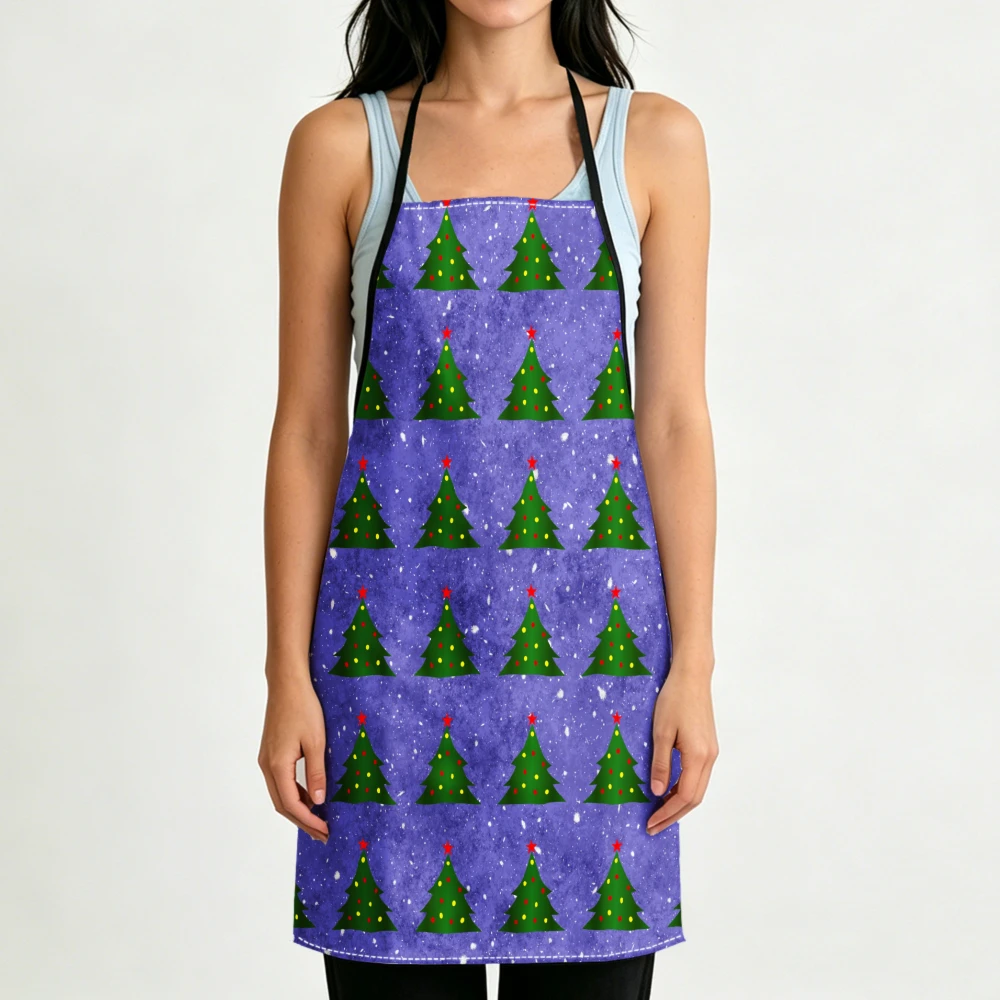 Festive Christmas Tree Pattern Apron Purple Snowflake Kitchen Aprons Cooking Baking Cleaning Adjustable Bibs