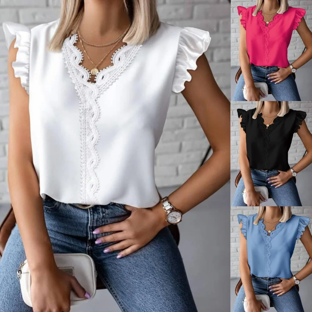 Fashion Lace Patchwork Women\'s Pullover Elegant Sleeveless High Street Tops White Office Lady V-neck Loose Shirt Summer Blouses