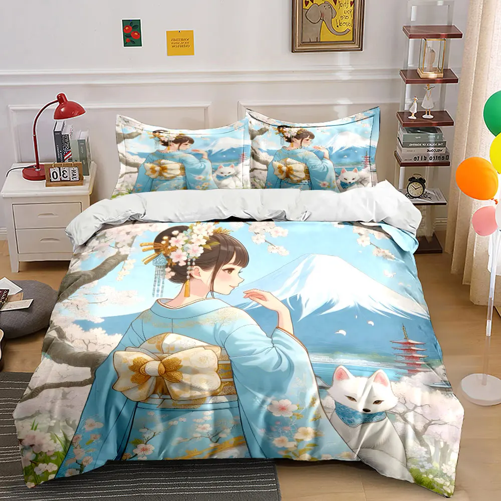 Girl in kimono with cherry blossoms Bedding Set for Kids Luxury Gift 3pcs Digital Print Comforter Set Soft Comfortable