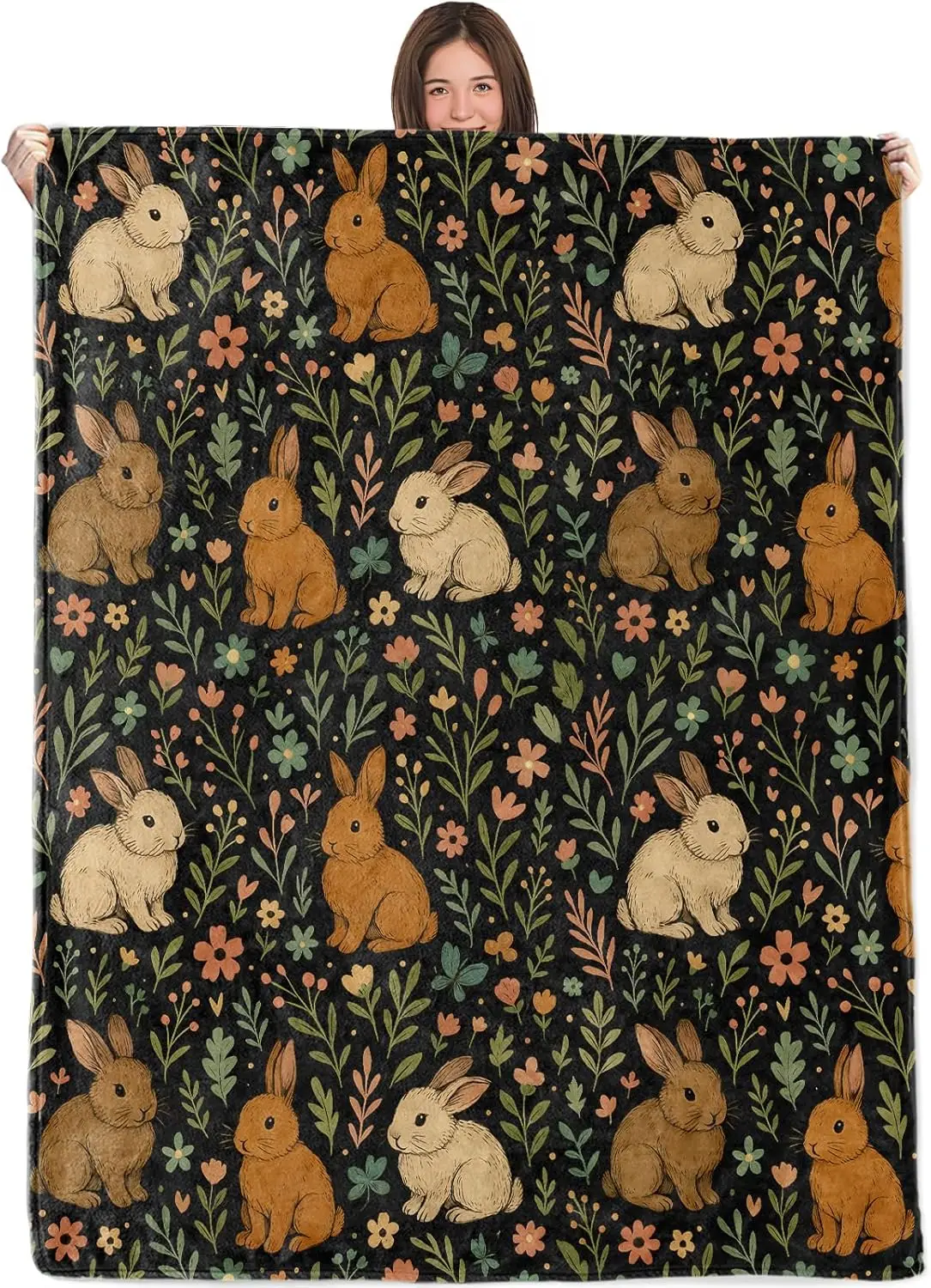 

Wicked Adorable Bunny Blanket,50x60in,Cozy Flannel Throw with Brown and Cream Rabbit Wildflower on Black Design,Soft Lightweight