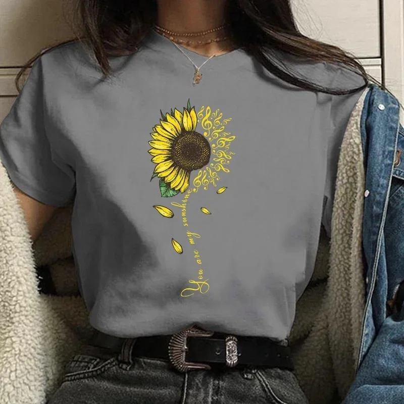 Short Sleeve T Shirt Summer Women's Fashion Chrysanthemum Note Printed T-Shirt Casual Comfortable Women's Outdoor Round Neck Top