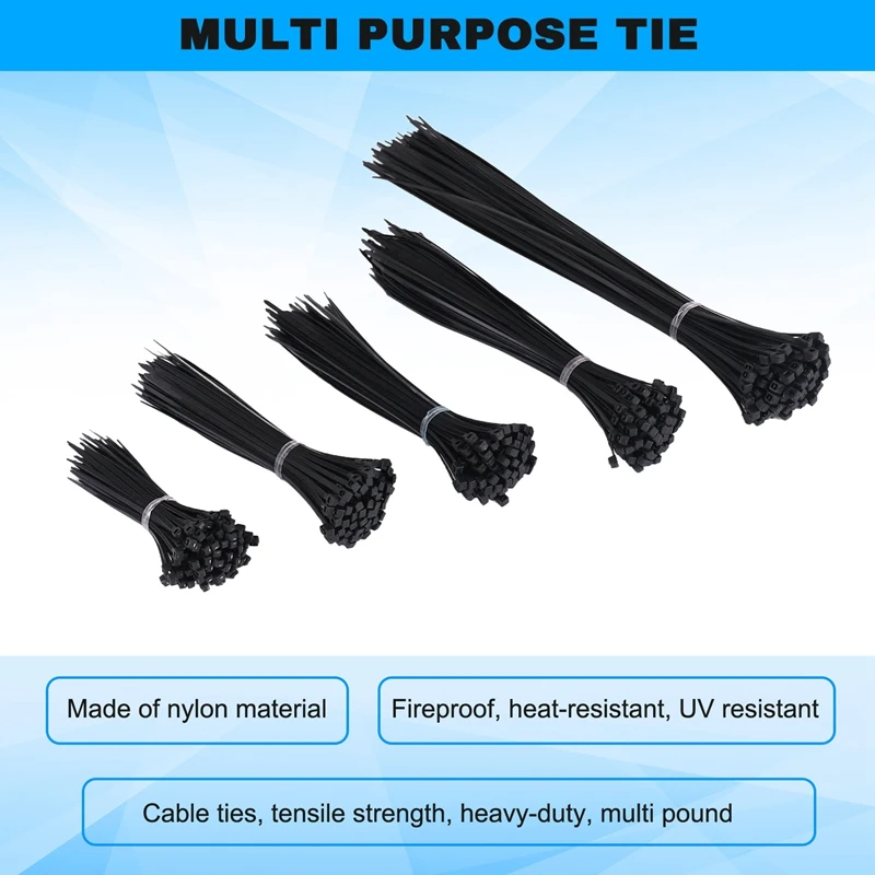 500PCS Cable Ties Black Heavy Duty Zip Ties 2.5 X 100Mm, 2.5 X 150Mm, 2.5 X 160Mm, 2.5 X 200Mm, 2.5 X 300 Mm