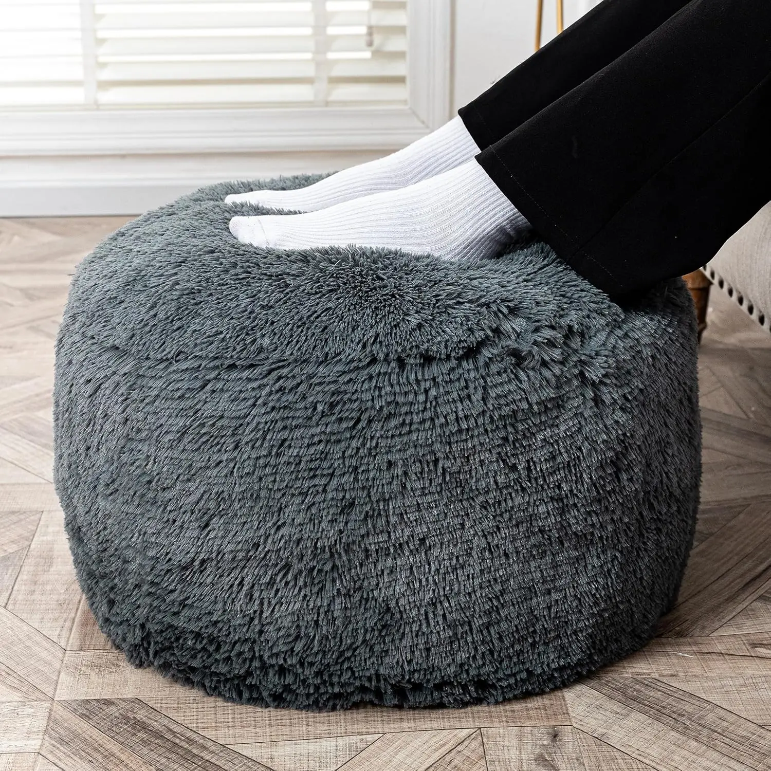 Fur Ottoman Stool Unstuffed Footstool Cover Floor Pouf NO Filler Foot Rest Floor Bean Bag Chair Foldable Floor Chair Storage