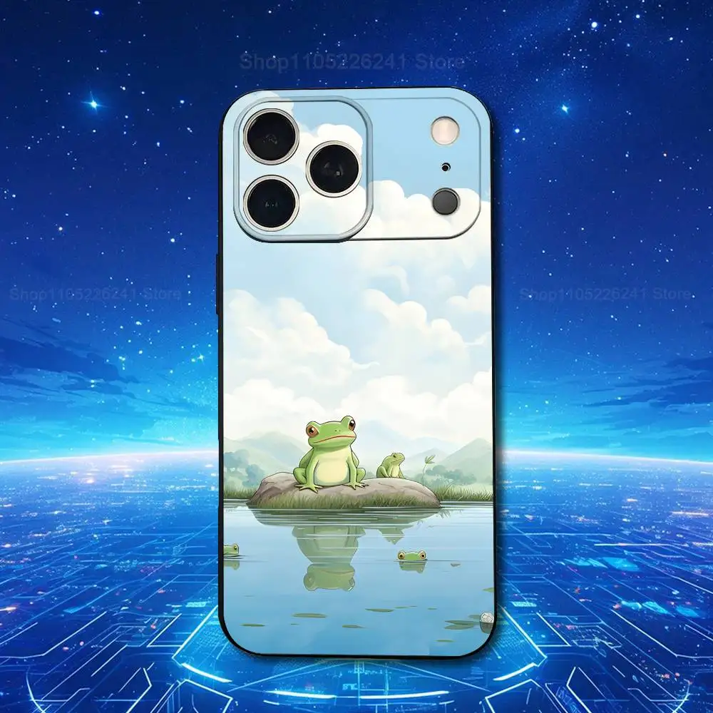 Lindo dibujo de rana artística para iPhone 8,7,11,12,15,14,13,16,17,Plus,Pro Max,XS,X,XR,SE,Mini,funda negra de silicona suave
