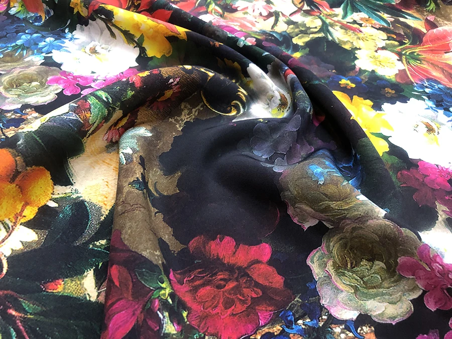 30 Momme Elastic Heavy Crepe High Quality Real Silk Clothing Fabric Full Flower Spray Painting Designer for Cheongsam Qipao