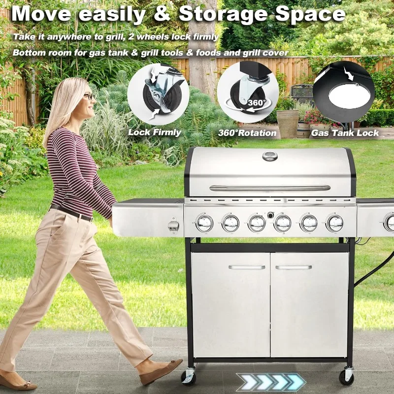 MELLCOM 6 Burner BBQ Propane Gas Grill, 58,000 BTU Stainless Steel Patio Garden Barbecue Grill with Stove and Side Table