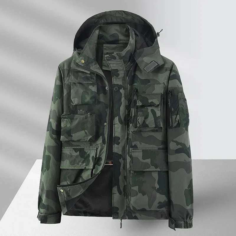 

2024 Spring Men Hooded Cargo Jacket Autumn Camo Bomber Jackets Military Camouflage Windbreaker Male Casual Coats