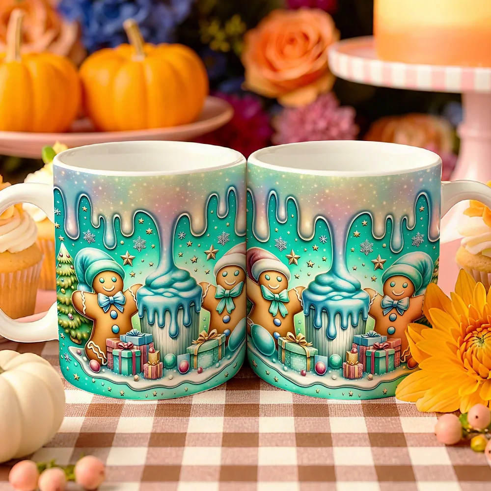 1pc Christmas Gingerbread for Man & Icing Ceramic Coffee Mug with Snowy Gingerbread Men, Icing Drip Design & Candy Cane Patterns - Festive Cartoon Style Cup for Hot Cocoa, Tea, Hot Chocolate - Ideal Holiday Gift for Family Gatherings, Office Use