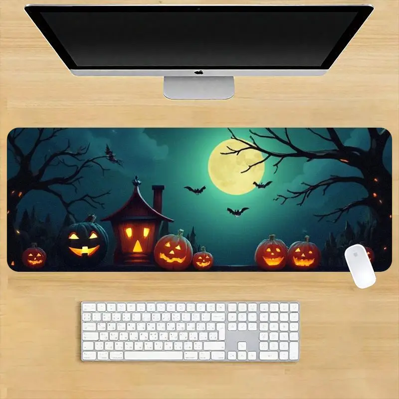 قطعة واحدة من لوحة الماوس الممتدة للهالوين جاك أو فانوس والقمر الكامل مع خفافيش، طباعة عالية الدقة، حصيرة مكتبية ذات سطح أملس مضادة للانزلاق للألعاب، #1