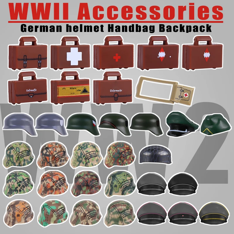 

WW2 военная военная армейская серия, аксессуары, строительные блоки, фигурки солдат, шлем, офицер, воин, медицинская сумка, пехотные кирпичи, игрушки