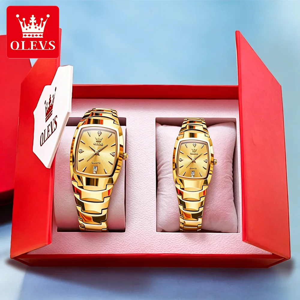 OLEVS Couple Watches Luxury Fashion Tungsten Steel Gold Original Quartz Wristwatch for Lover Waterproof Date Man and Woman Watch