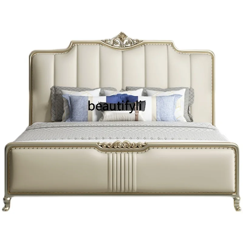 

European Bed Double American Style Solid Wood Modern Simple and Light Luxury Top Layer Leather Marriage Bed Luxury