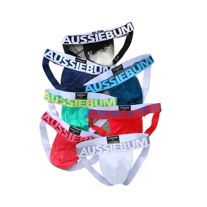 New men\'s low rise double thong pure cotton seamless butt lift U convex sex thong AUSSIEBUM