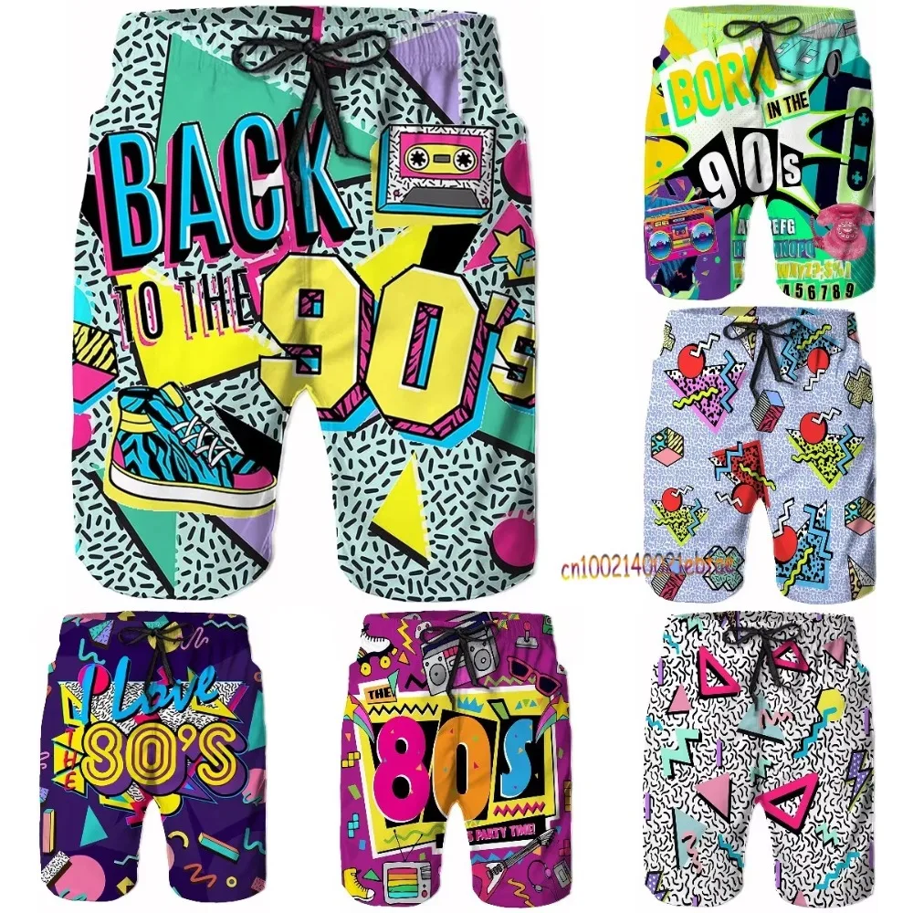 Engraçado retro 80s 90s ícones troncos de natação dos homens secagem rápida praia board shorts verão surf boardshorts com bolsos laterais alta