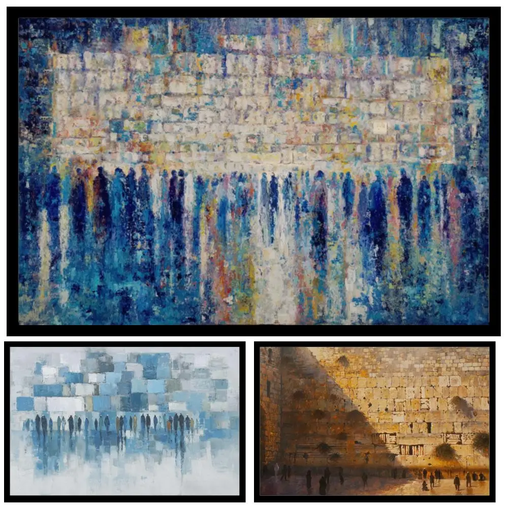 Oversized Jerusalem Kotel Canvas Prints HD Blue Gold Western Wall Abstract Colorful Jewish Home Decor for Living Room Dining