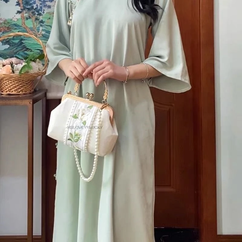 Chinese Embroidery Plate Buckle National Style Bag Female Spring New Plain Elegant Women Daily Hanfu Accessory Pearl Bag