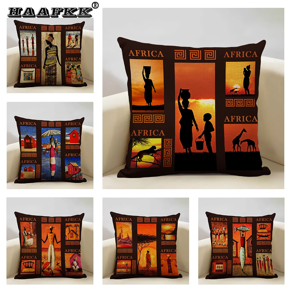 Africa Painting Art Impression Exotic Style Throw Pillow Case African Dancer Linen Cushion Cover for Sofa Home Decor 45X45CM