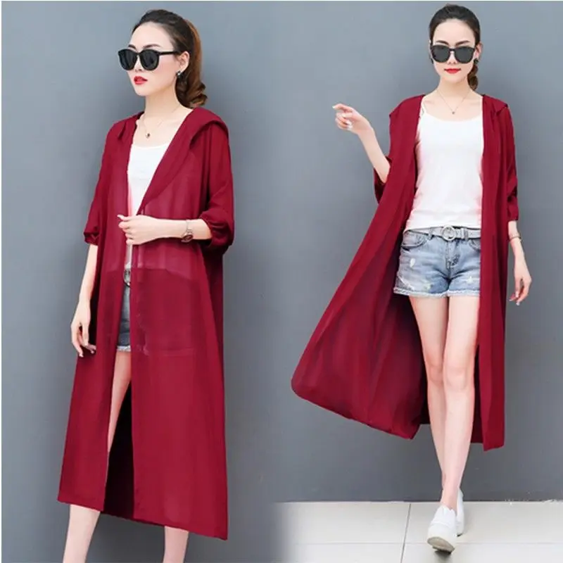 Summer Chiffon Blouse Hooded Cardigan Sun Protection Clothing Long Blouse Beach Solid White Female Fashion Tops Feminino E99