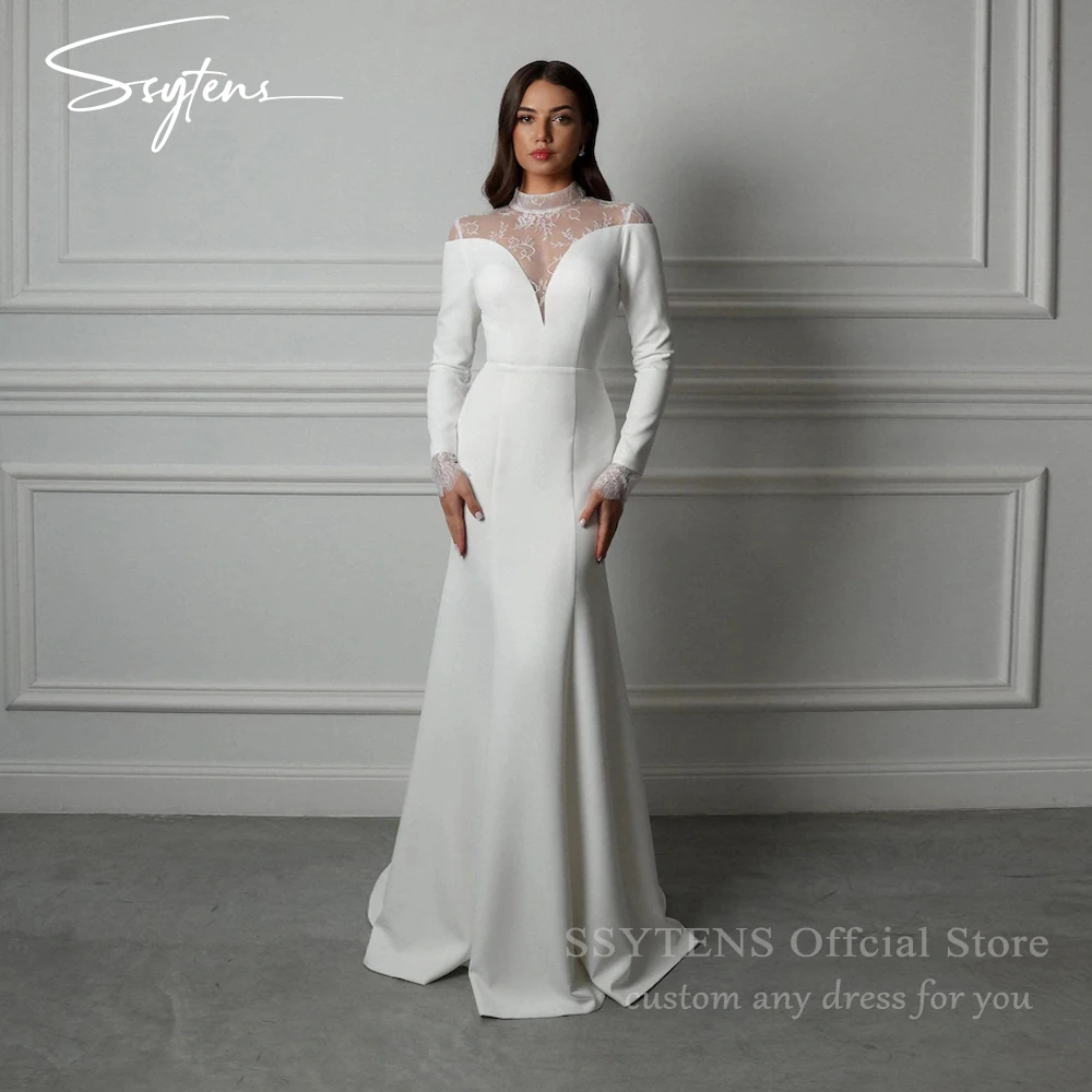 SSYTENS Elegantes Vestidos de Novia Blancos Estilo Sirena 2026, Vestido de Novia de Manga Larga con Cuello Alto, Vestidos de Fiesta Boho para Bodas en la Playa, Personalizados