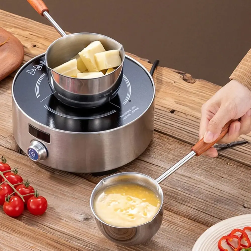 

Stainless Steel Mini Butter Warmer Thickened Flat-bottomed Oil Splashing Small Pot 300ml/500ml Long Handle Hot Oil Pan