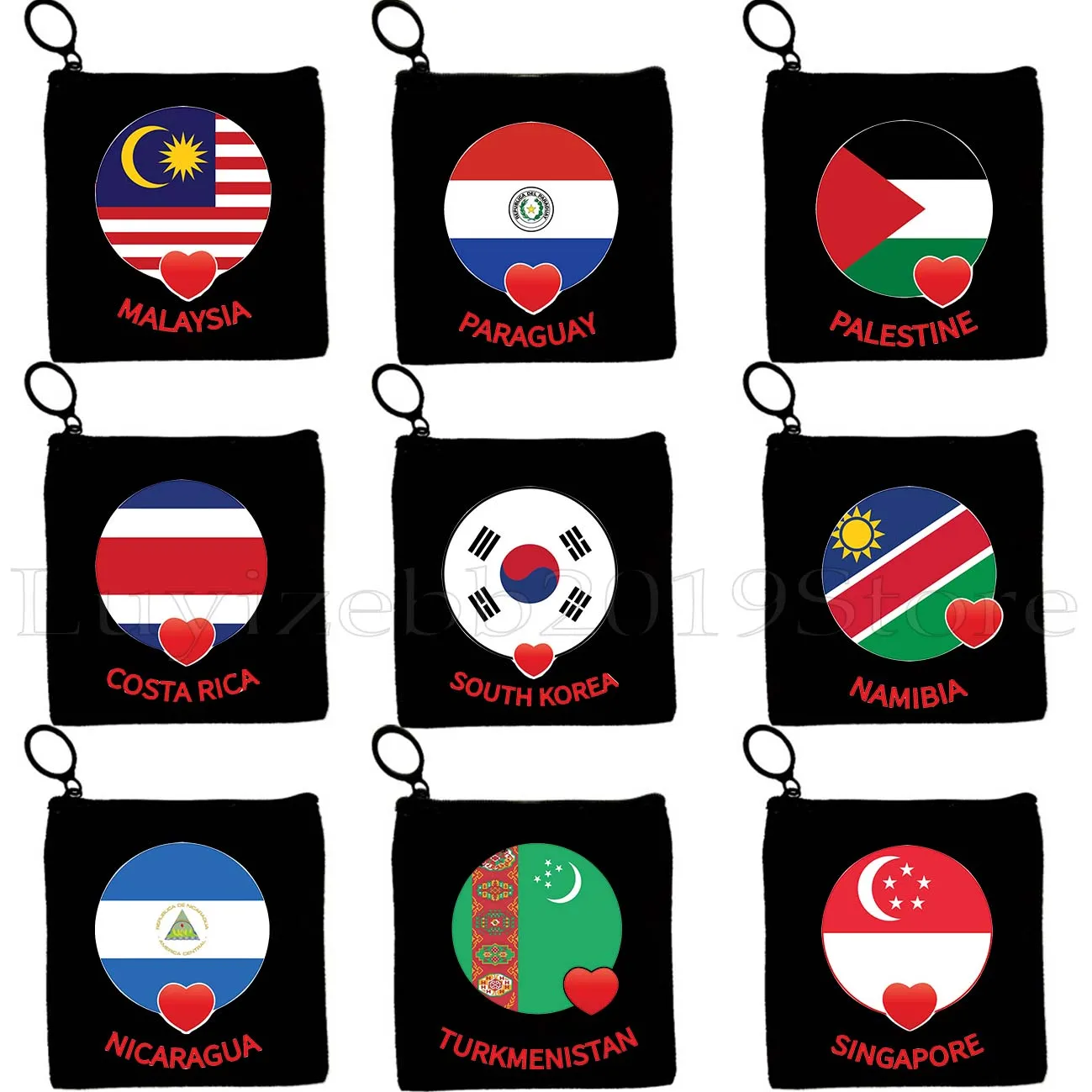 Malaysia Pakistan Korea Swaziland Rwanda Palestine Tuvalu Costa Rica Niue Brunei Heart Flag Coin Purse Key Case Bag Wallet Pouch