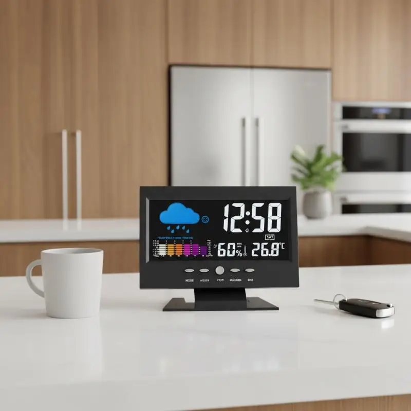 Portable Digital Weather Station Clock LCD Display Temperature Humidity Monitor for Office Dorm Living Room
