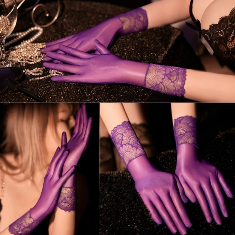 Fashion Night Club Pole Dancing Glossy Satin Full Fingers Gloves Women Sexy Ultrathin Transparent Party Gloves Cosplay Costumes