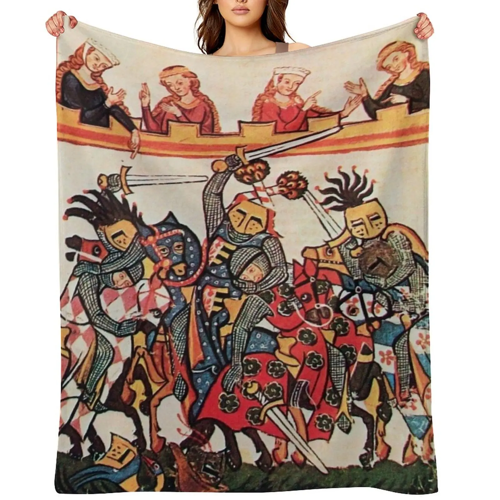 

MEDIEVAL TOURNAMENT, FIGHTING KNIGHTS WITH DAMSELS AND RED WILD ROSES Throw Blanket Plush Beautifuls Softest Blankets