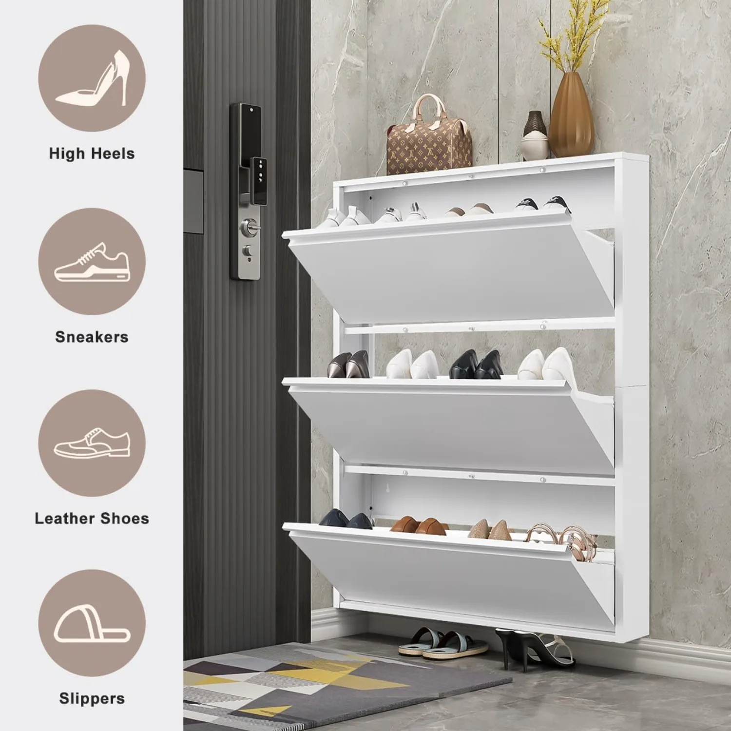 Shoe Storage Cabinet with Flip Drawers, Wall Mount Metal Shoe Organizer for Entryway, 3 Drawers Steel Shoe Rack Cabinet