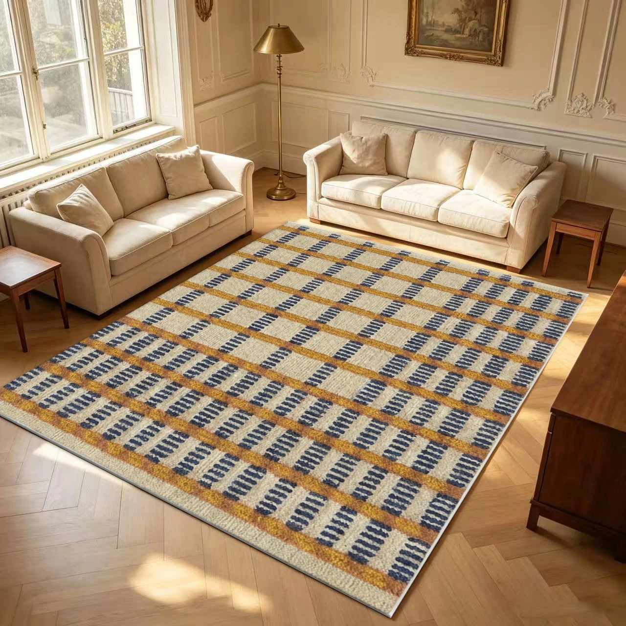 Beige Yellow Navy Vintage Grid Check Carpet Flooring Bohemian Woven Texture Large Area Rug for Living Room