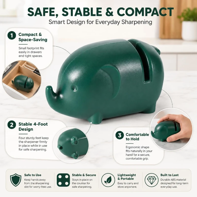 2Pcs WOOJACK Random Color Knife Sharpener Adorable Elephant-Shaped Kitchen - Quick & Easy Manual Sharpening,Durable ABS Material