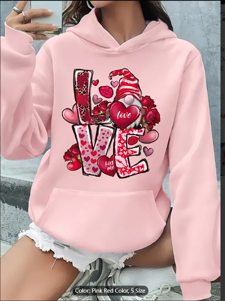 

Womens White Hoodie Valentines Day LOVE Gnome Graphic Print Casual Oversized Drawstring Hooded Sweatshirt for Valentines Day