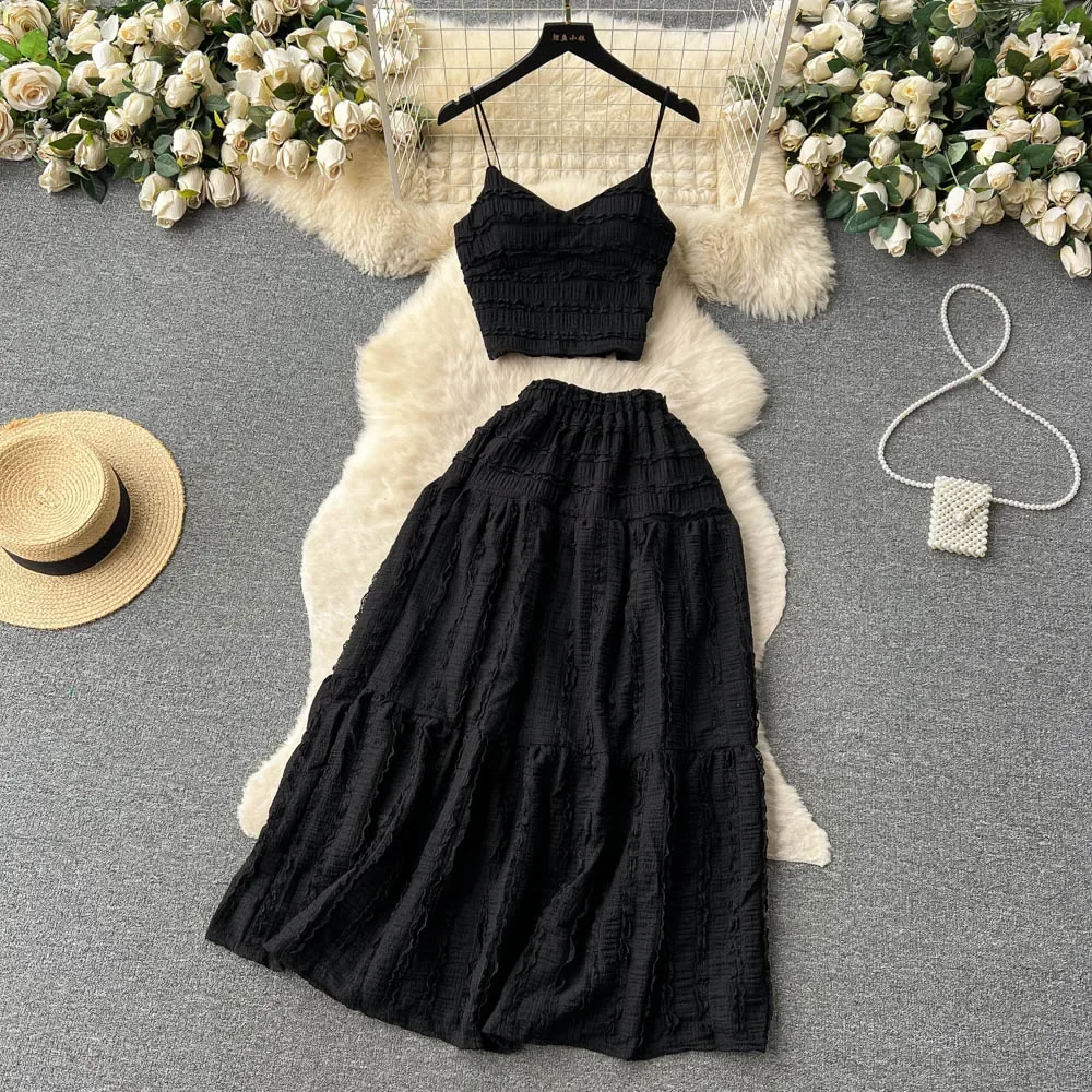 Summer Lace Patchwork Beach Two Pieces Sets Women Sexy Camisole+A Line Long Skirt Fashion Elastic Bohemian Suits