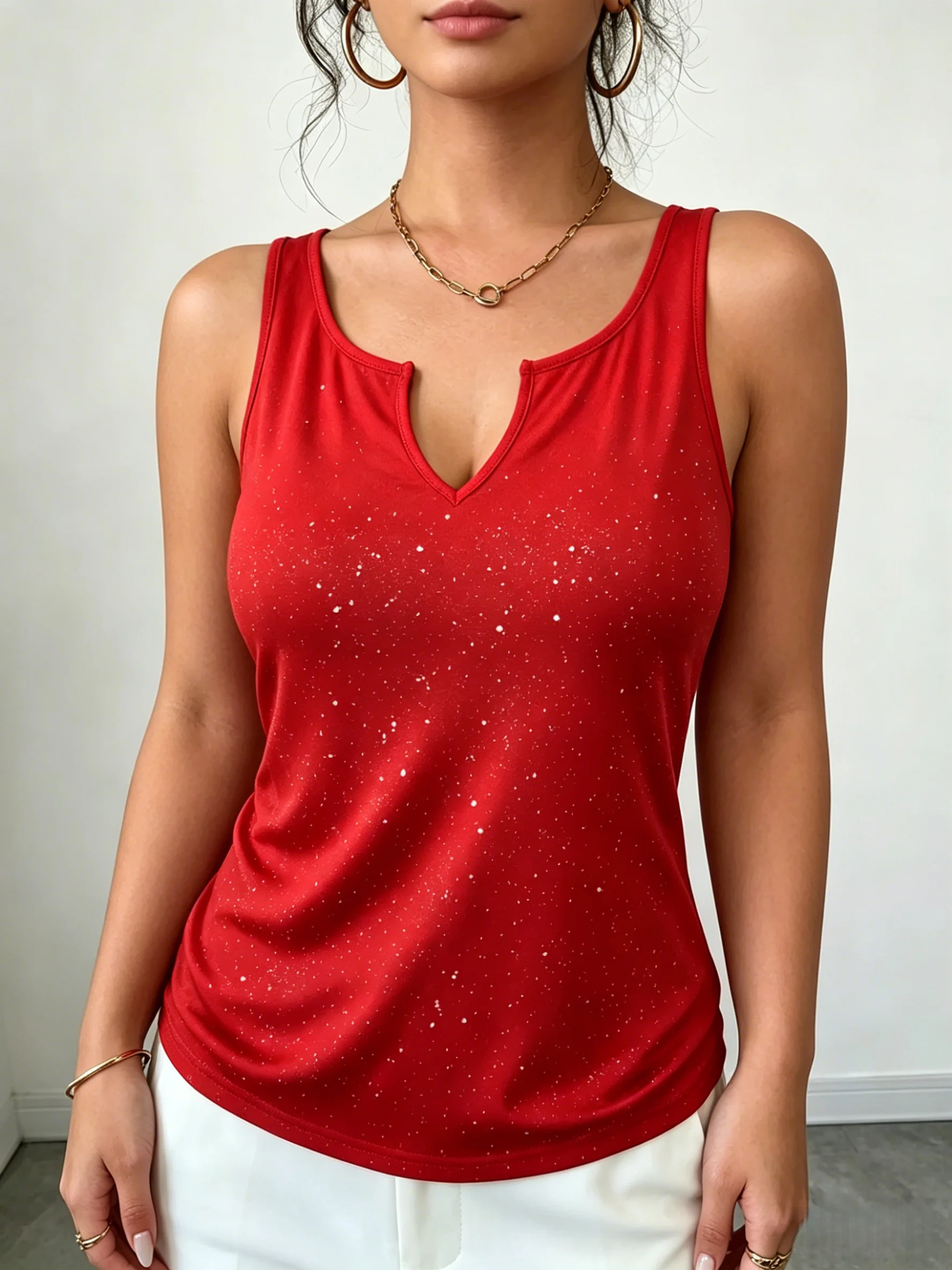 Damen-Tanktop mit Glitzer, gekerbter Ausschnitt, ärmelloses Tanktop, bedrucktes Top, lockere, lässige, schicke Kleidung, Oberteile für Frühling und Sommer, Alltagsshirts – Detail 4