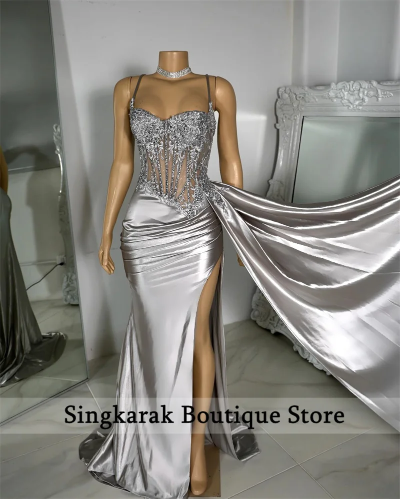 Nuevo diseño, vestido largo de fiesta gris plateado, correas con abertura lateral, apliques de diamantes de imitación, vestidos de fiesta de cumpleaños, vestido de noche plisado personalizado