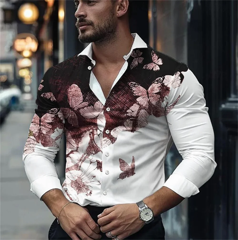 

New Style Butterfly Business Men's Shirt High Quality Butterfly Pattern Long Sleeve Shirt Lapel Comfort Soft Men's Clothing Tops