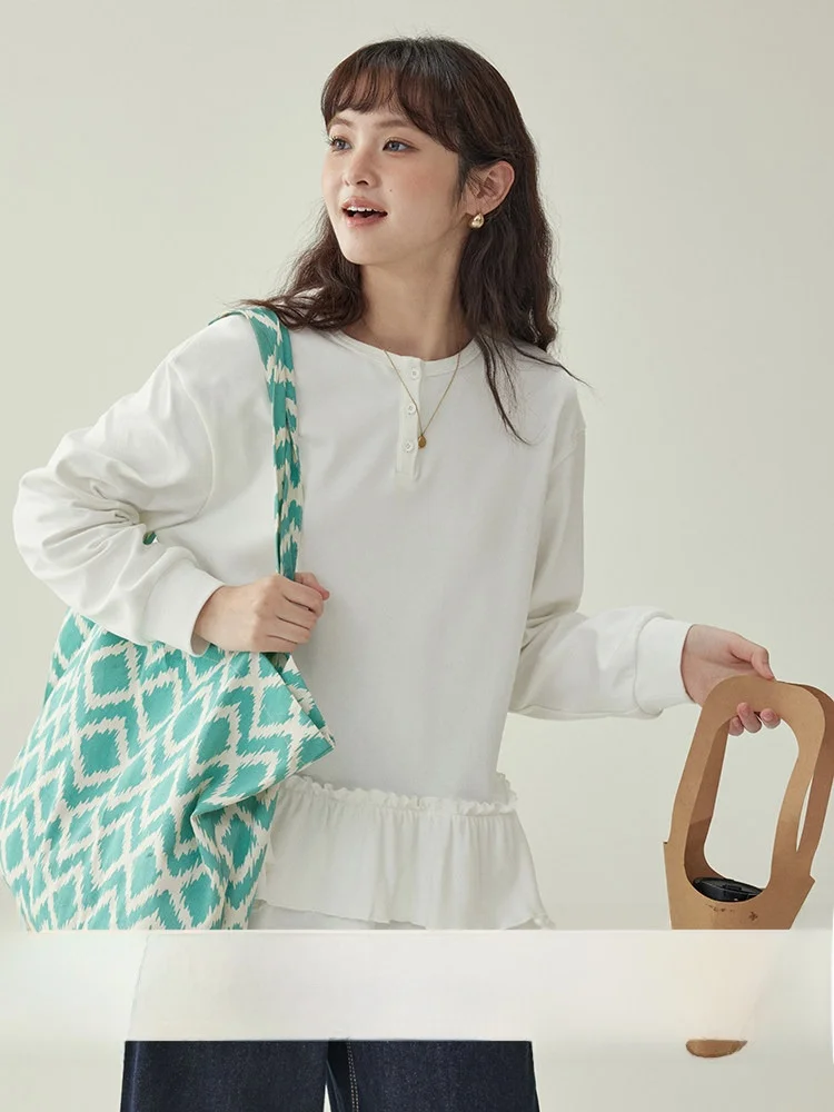 

AMUU Оригинальная женская зимняя новая простая базовая футболка с кружевным подолом и двойным слоем, корейский стиль, свободный крой, длинный рукав, круглый вырез