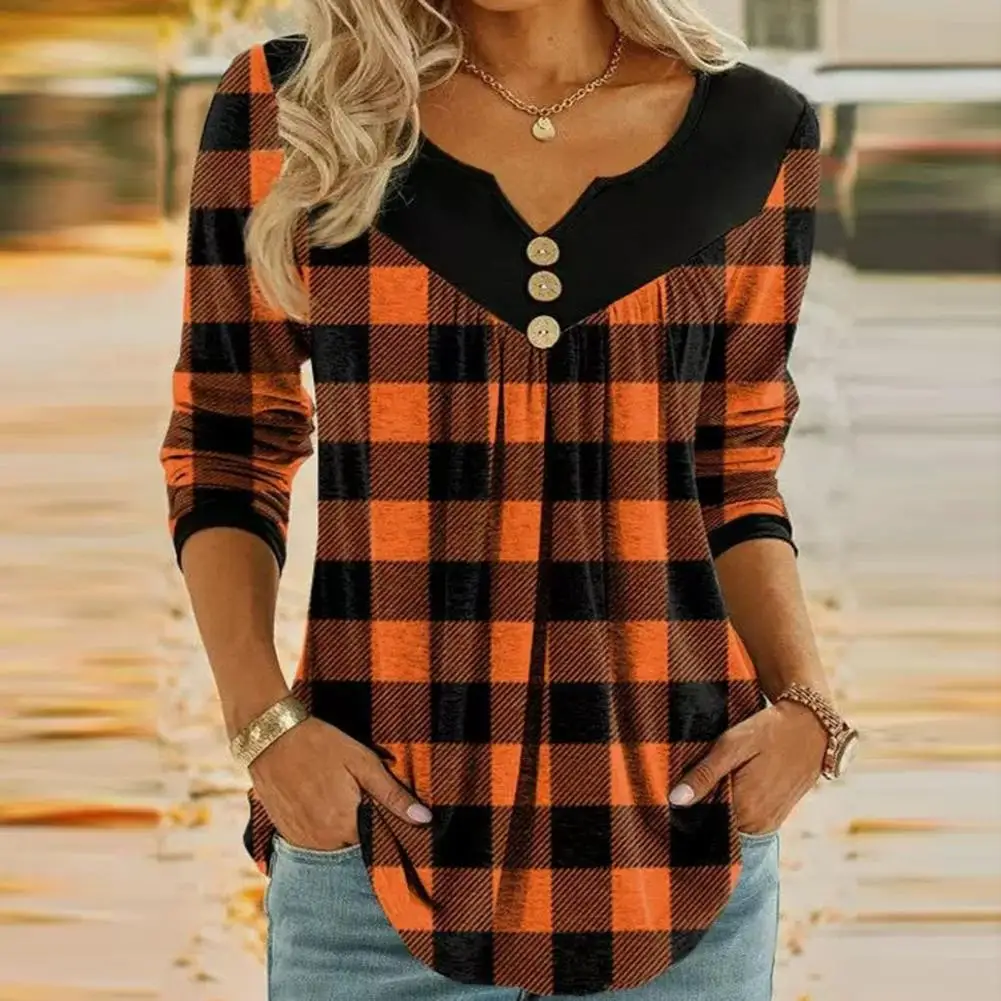 Women Tunic Tops Stylish Women\'s Christmas Plaid Blouse V-neck Tunic Tops with Button Decor Long Sleeves Mid-length Streetwear