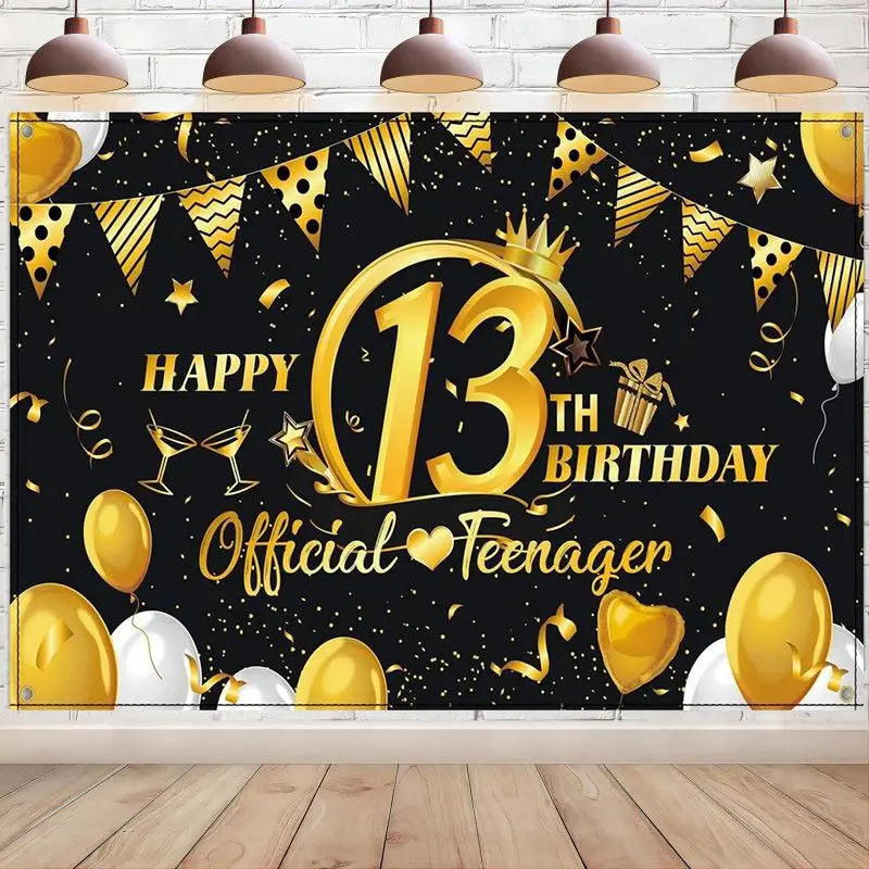 Happy 13th Birthday Black Gold Sign Poster Supplies Official Teenager Backdrop Banner Photo Booth Background Party Decoration